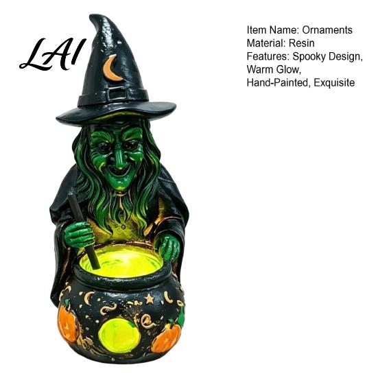Creepy Haunted House Props Halloween Witch Cauldron Lamp Figurine Resin Scary Witches Lighted-Up Boiling Shadow Cauldron Festival Supplies