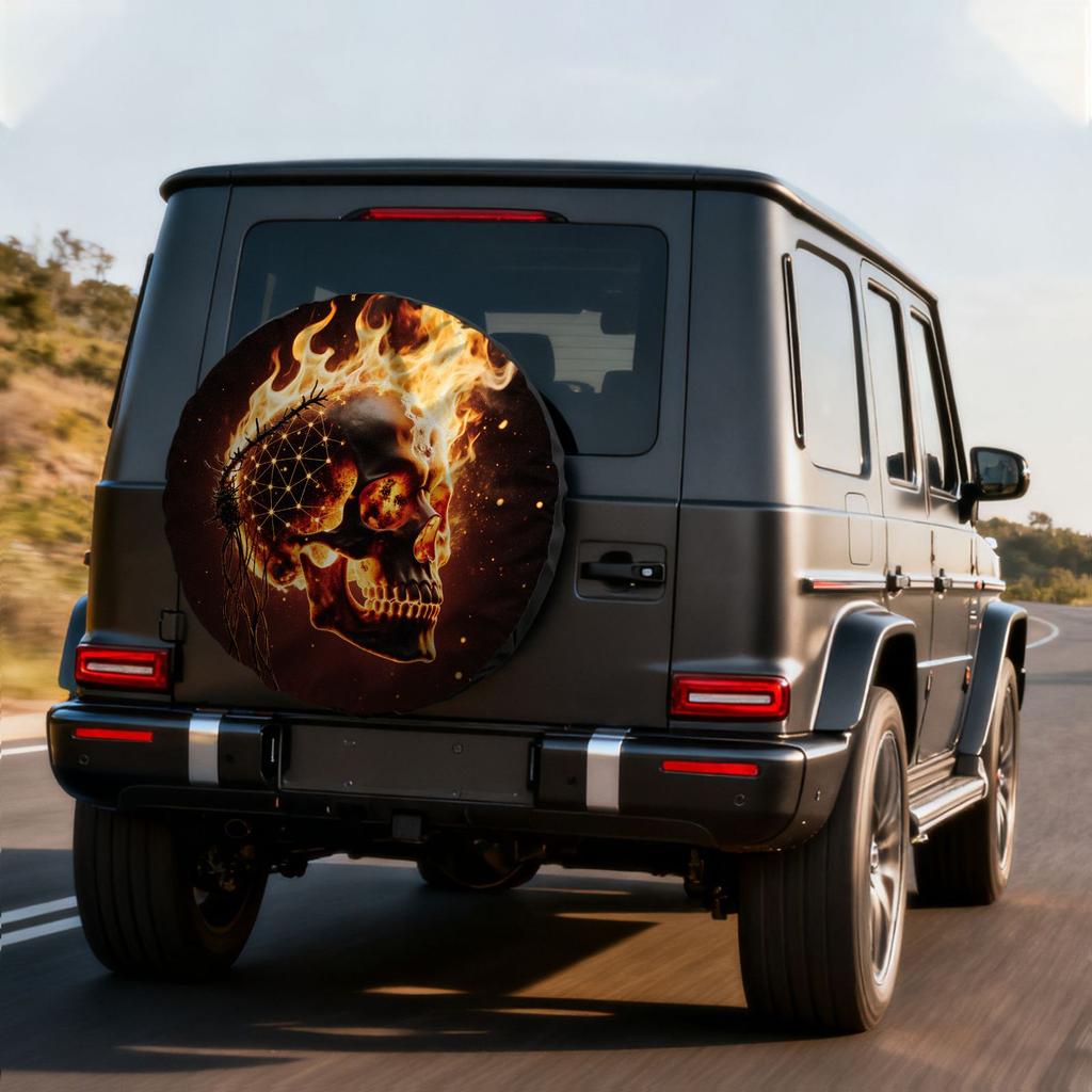 Skeleton Flame Pattern Tire Cover, Polyester Material, Unique Design, Non-Slip, Easy Installation, Fits Various Vehicles, Ideal