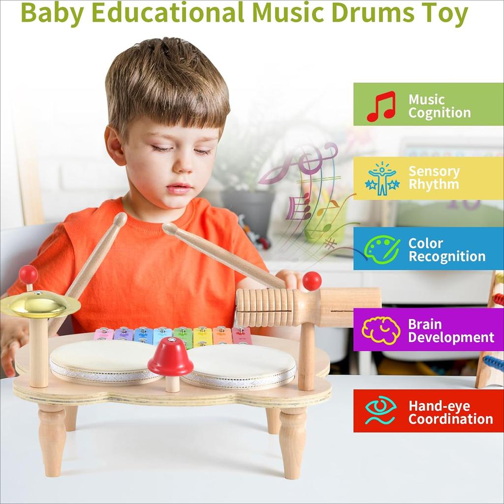 Детская барабанная установка Детские музыкальные инструменты Игрушки Монтессори Деревянный ксилофон Дошкольный музыкальный комплект Ударные игрушки Бубен День рождения