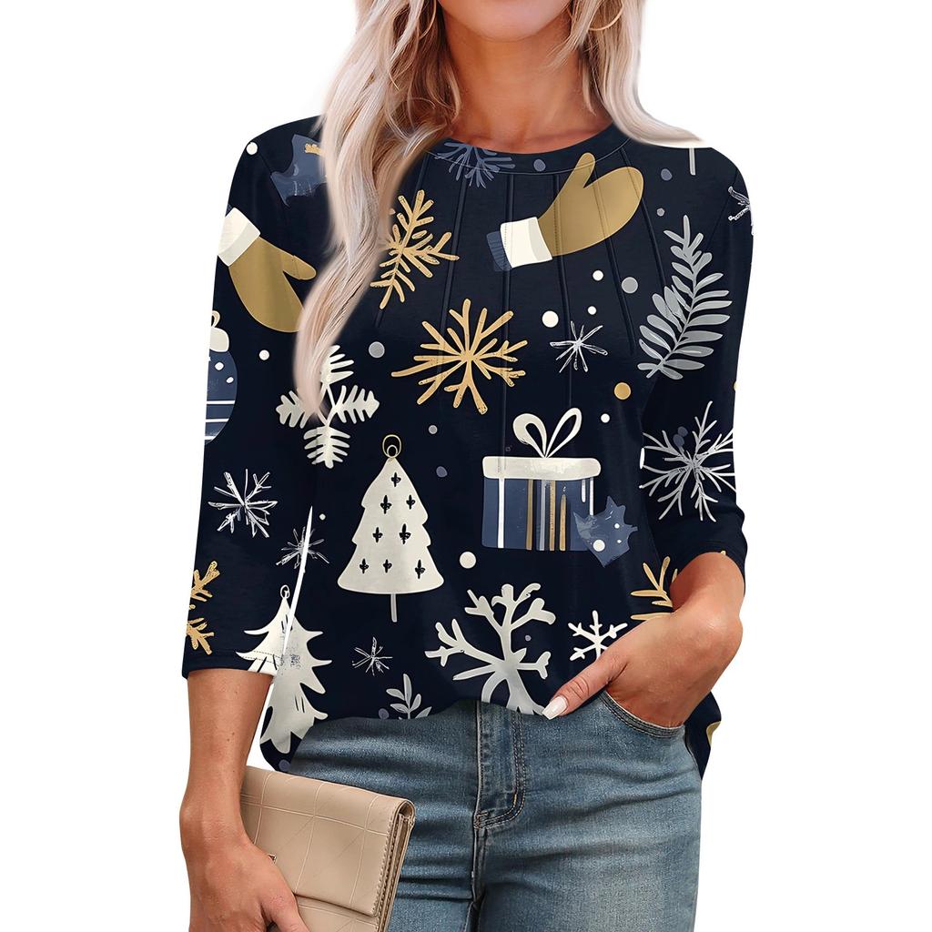 Женская модная футболка с круглым вырезом и рукавом 3/4 с рождественскими принтами, повседневная базовая плиссированная футболка-пуловер