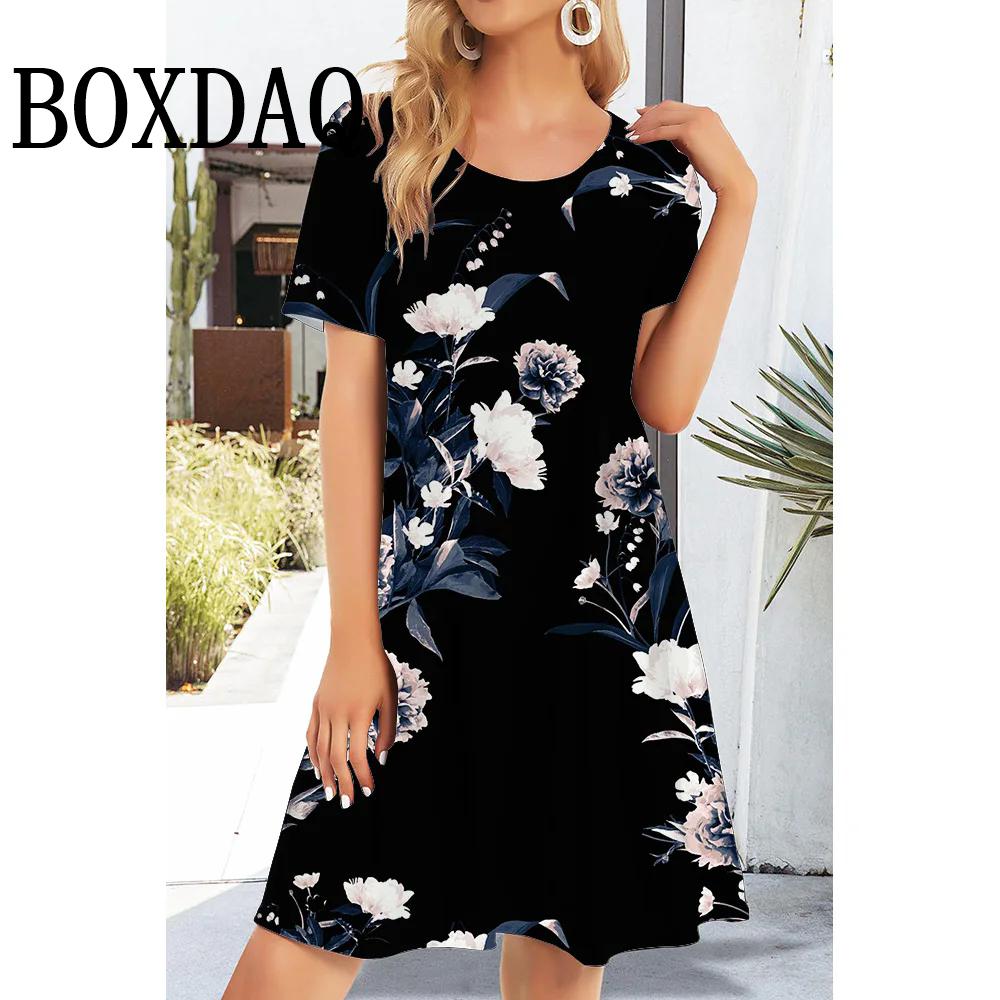 2025 Новые женские платья с цветочным принтом Летние элегантные платья А-силуэта Женские платья с коротким рукавом Модные свободные платья больших размеров
