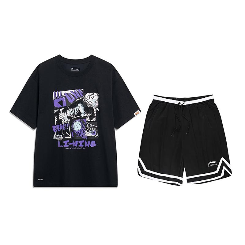 Li-Ning American Vintage Letter Print Short Sleeve Casual Sports Suit Unisex Suit Black YHSU207-1+YAPV001-1