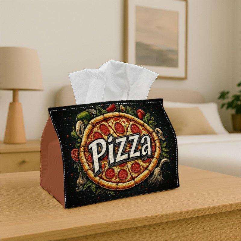 1pc, 2D Flat Printing, Tissue Box Holder, Vintage Food Artwork - Pizza Text Design, Sturdy Polyester Material, Versatile Napkin Dispenser for Home, Ve