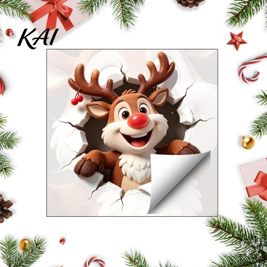 Home Beautification Decals Christmas Reindeer Wall Decal, 3D Hole Illusion Red Nose Rudolph Sticker, Durable PVC Stickers Peel And Stick Waterproof