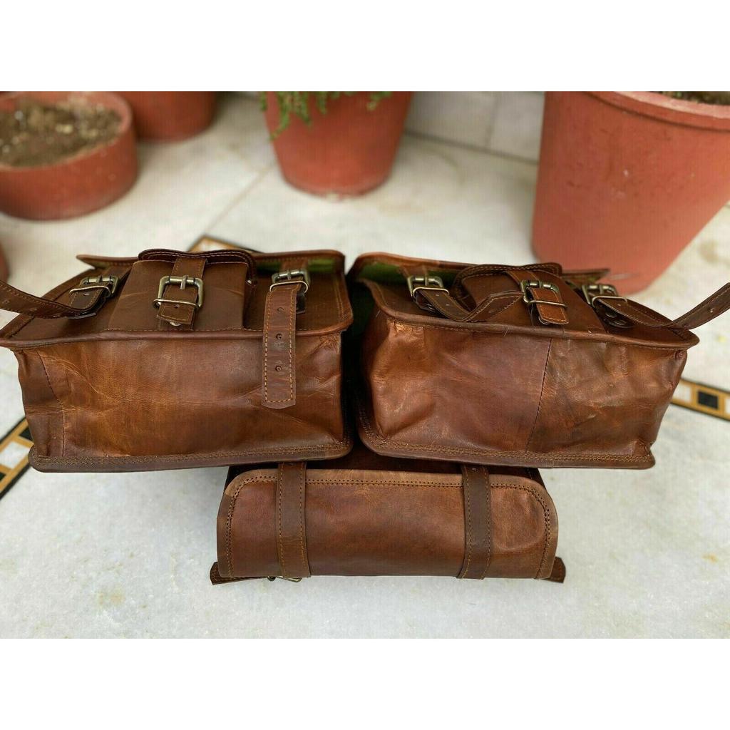 Leather Motorcycle Saddle Bag Pouch Side Bags Panniers Tool Luggage Brown Combo