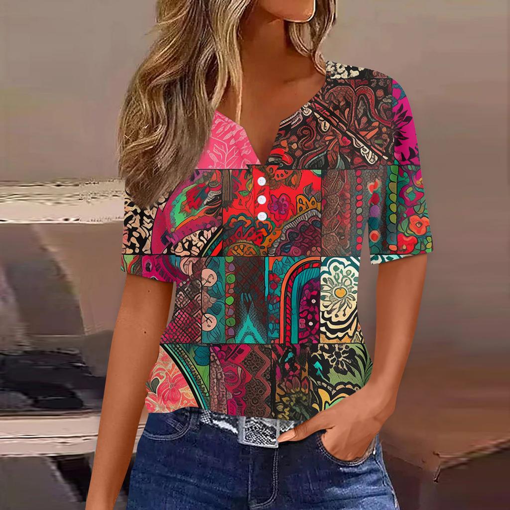 Жен. Футболка С принтом Пуговицы С короткими рукавами Повседневные Выходные Мода Классический Классический V-образный вырез Обычный Топ