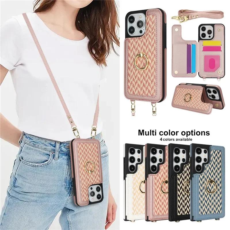 Long Lanyard Leather Wallet Card Slot Phone Case for iPhone 16 Pro Max 15 14 Plus 13 12 11 SE 2026 XS XR X 8 7 Ring Flip Cover
