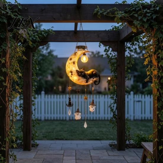 Waterproof Patio Porch Ornaments Solar Moon Black Cat Wind Chime Light, Powered Hanging Lamp, Resin Outdoor Garden Chimes Decor for Yard, Gift