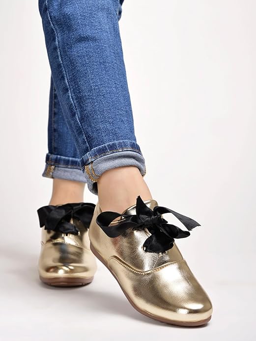 Shoetopia Women Dress Shoes Stylish Metallic Flats with Black Bow Detail, Perfect for Formal & Casual Occasions