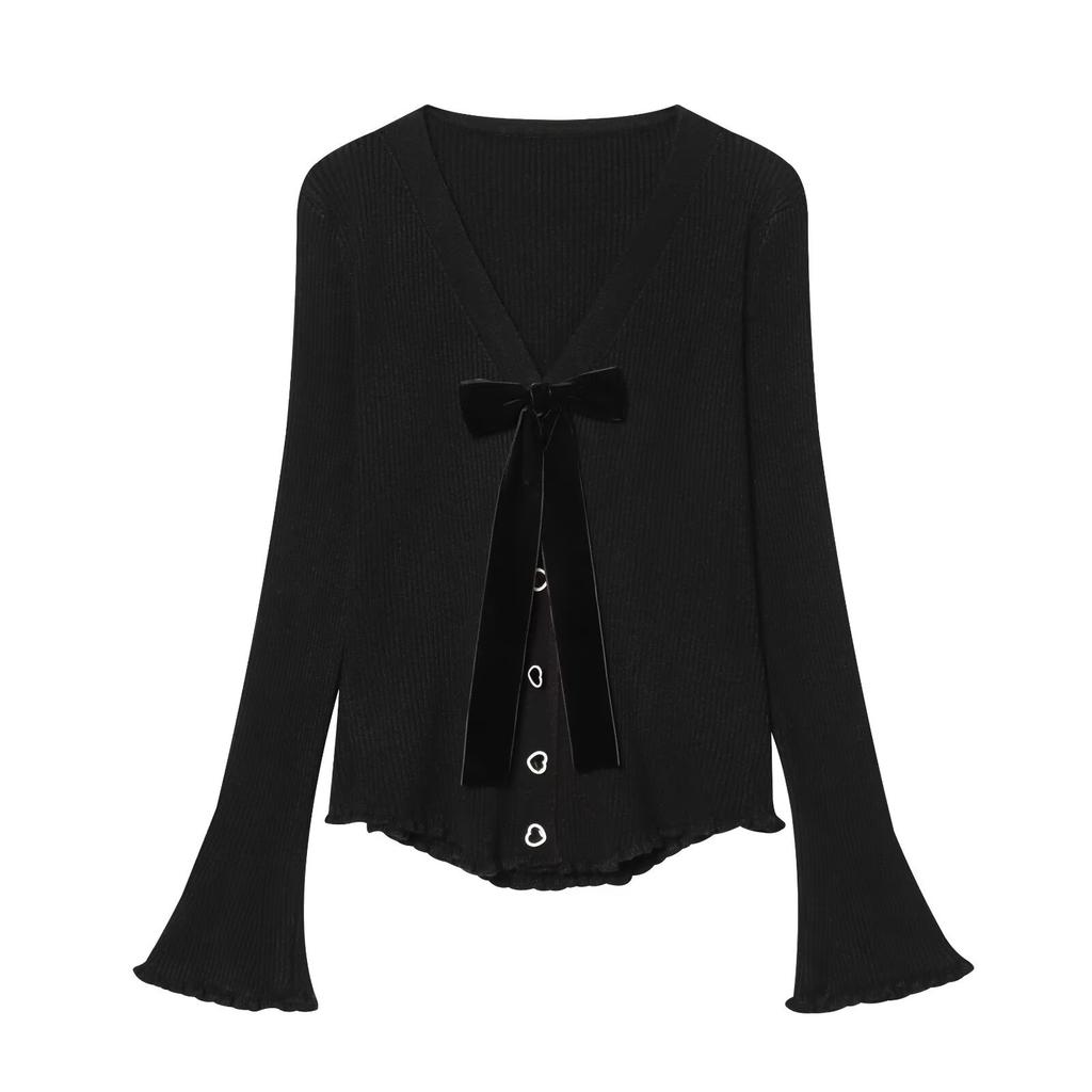 European and American style, new women's clothing, foreign style, fashionable, bow heart-shaped button-knitted cardigan