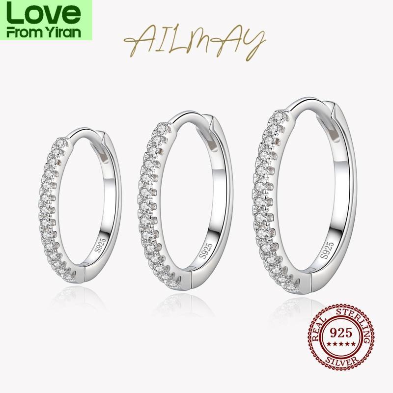 100 %925 Sterling Silver Clear Zircon Simple Fashion Hoop Earrings For Women Girls Anti -Allergy Fine Jewelry Gifts