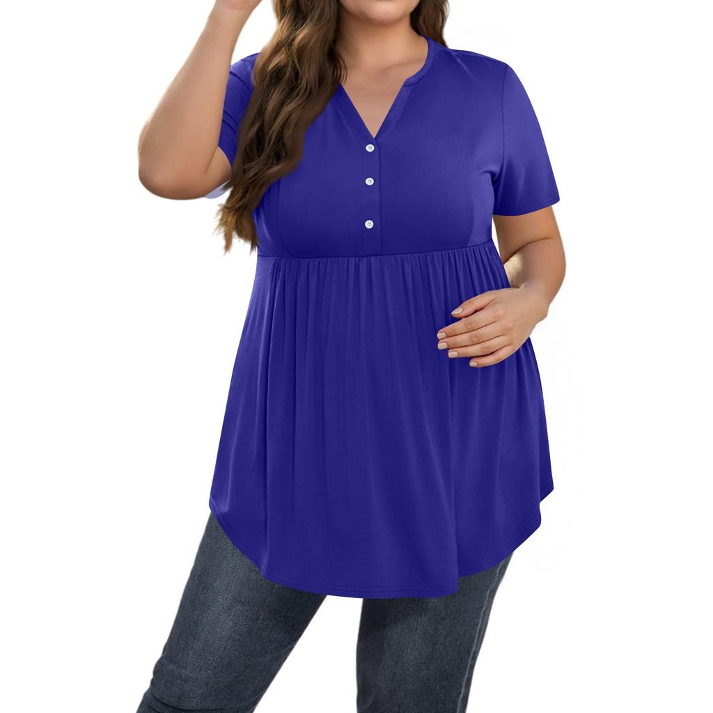 Women's Solid Color Large Size V Neck Button-Up Top Casual Short Sleeve Flowy Top