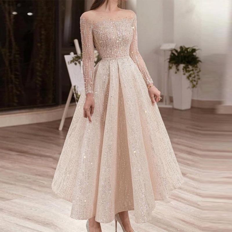 Women Elegant Sequins Mesh Long Sleeves Maxi Long Bridal Dress Host Wedding Bride Bridesmaids Party Gowns