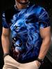 Men'S Lion Print T-Shirt - Polyester Breathable Quick-Dry, Blue Mane Design on Black, Trendy Streetwear Men'S Stylish Casual Round-Neck Patterned