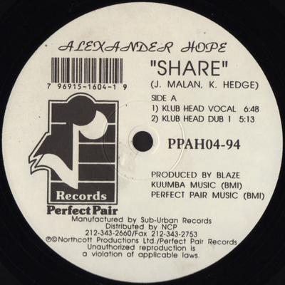 12-дюймовая пластинка ALEXANDER HOPE - Share PPAH0494 Perfect Pair Re 1994 США Танцевальная и электронная музыка Б/у