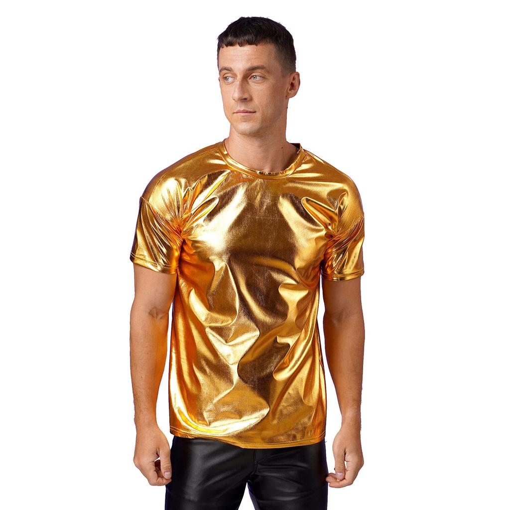 Мужской блестящий топ с металлическим отливом, круглым вырезом и короткими рукавами для клубных шоу или танцевальных вечеринок