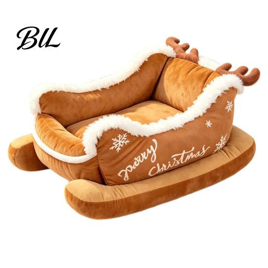 Holiday Sleigh Pet House Christmas Dog Bed with Non Slip Base, Plush Calming Sofa Durable for Cats Indoor Outdoor, Fun Puppies Anti Cat