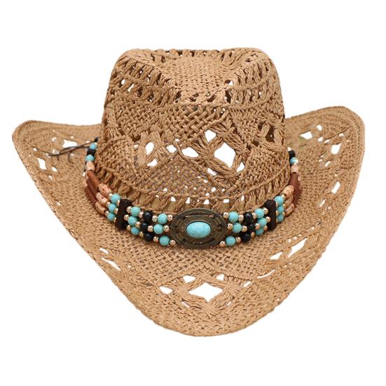 Hat with Decorative Bands Hollow Ultralight Breathable Design Cowgirl Woven Sun