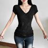European and American Summer Slim Fit V-neck Waist Pinching Slimming Fashion Design T-shirt Top for Women