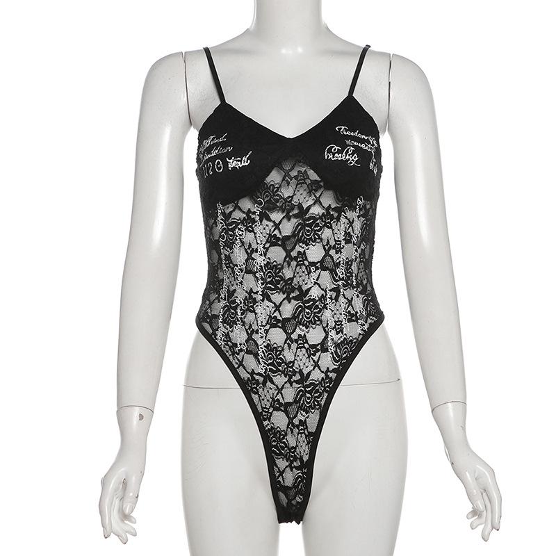 2024 Осень Женский Городской Шик Однотонный Кружевной Боди с Текстовыми Акцентами