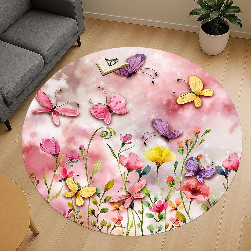 1pc Butterflies Flowers Round Chair mat office Area Rug - Non-Slip, Floor Mat for Office, Bedroom, and Indoor Decor p127232