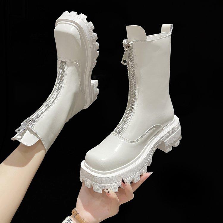 Brand Zipper Women Boots Square Toe Ladies Shoes Med Heels Platform Outwear Winter Leather Thicken Ankle Boots Botas De Mujer