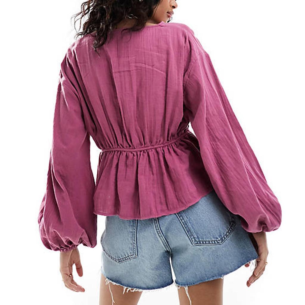 2024 Женская летняя рубашка с драпировкой, спущенным плечом и длинным рукавом