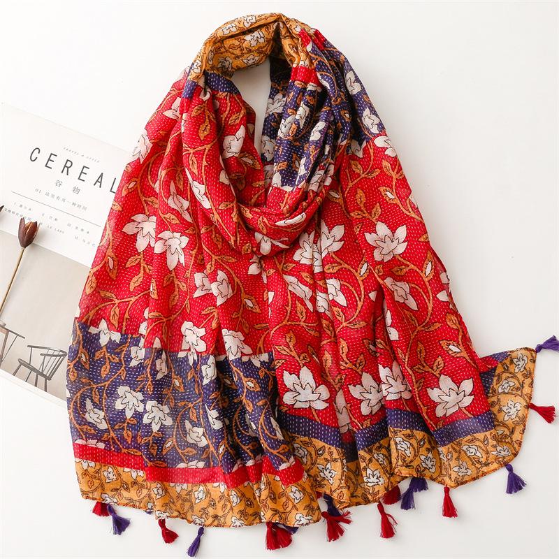 Spain Lovely Polka Floral Line Tassel Viscose Shawl Scarf Lady High Quality Wrap Thin Pashmina Stole Muslim Hijab 180*90Cm