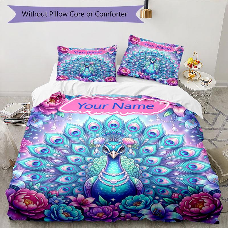 3PC Custom Name Peacock Floral Fantasy bedding,soft and breathable,2D flat print,room decor.,Poster Three-piece set,Soccer Three-piece set,Art,Poster,