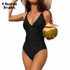 Цельный купальник с контролем живота для женщин, купальные костюмы со рюшами, монокини с бретелями и V-образным вырезом