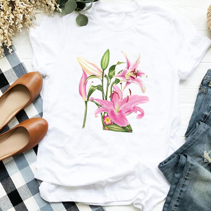 Floral Flower Shoes Print T Shirt Women Short Sleeve O Neck Loose Tshirt Women Tee Shirt
