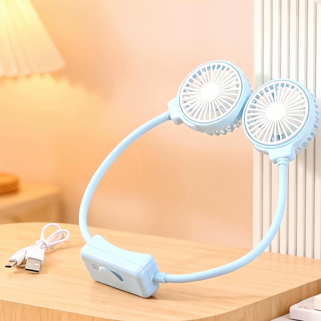 New Cartoon Neck-Hanging Fan, USB Rechargeable, Two-Speed Strong Wind, Portable Outdoor Sports Fan for Lazy People