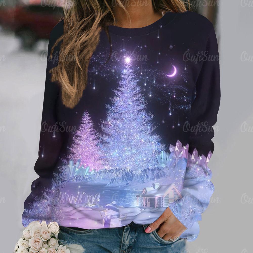 Женская футболка с принтом «Рождественская елка», праздничная одежда для женщин, осенние свободные топы с круглым вырезом и длинными рукавами, женский пуловер в стиле Харадзюку