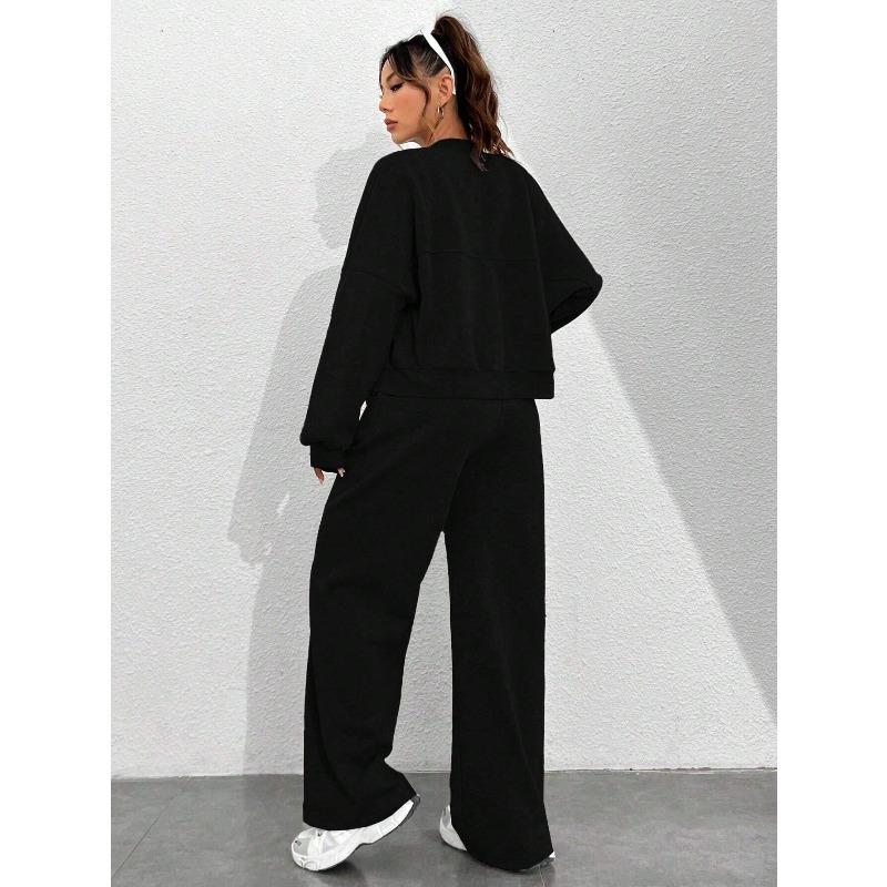 VEZFAA Женская мода повседневная весна осень однотонный принт длинный рукав О-образный вырез брюки брюки костюмы