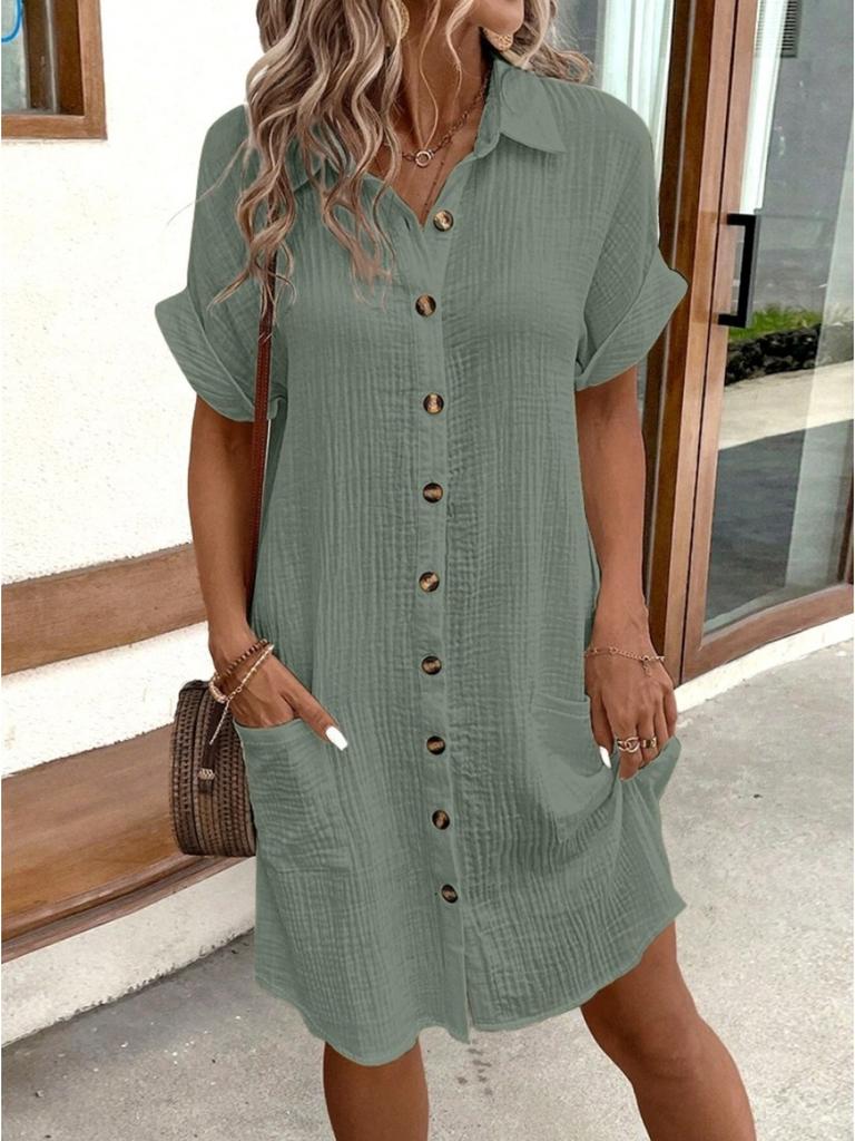 V Collar Solid Color Button Dress High Waist Elegant Shirt Dress for Women Short Sleeve Loose Dresses Causal Dress