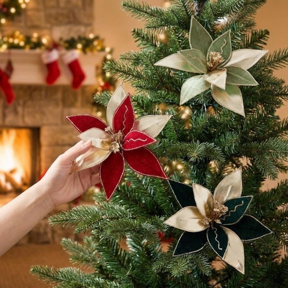 Velvet Texture Artificial Christmas Flower Glitter Edge Xmas Floral Decor Tabletop Display