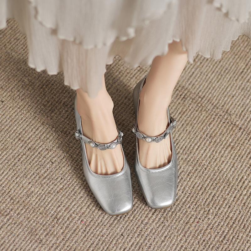 [Horse Skin Mat] One Belt French Pearl New Mary Jane Shoes Thick Heel Super Soft Single Shoe
