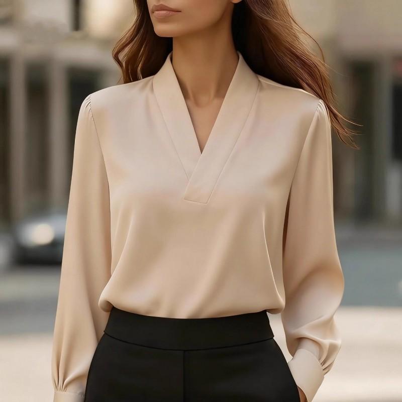 Womens V-Neck Long Sleeve Blouse Slim Fit Office Shirt Solid Color Professional Workwear