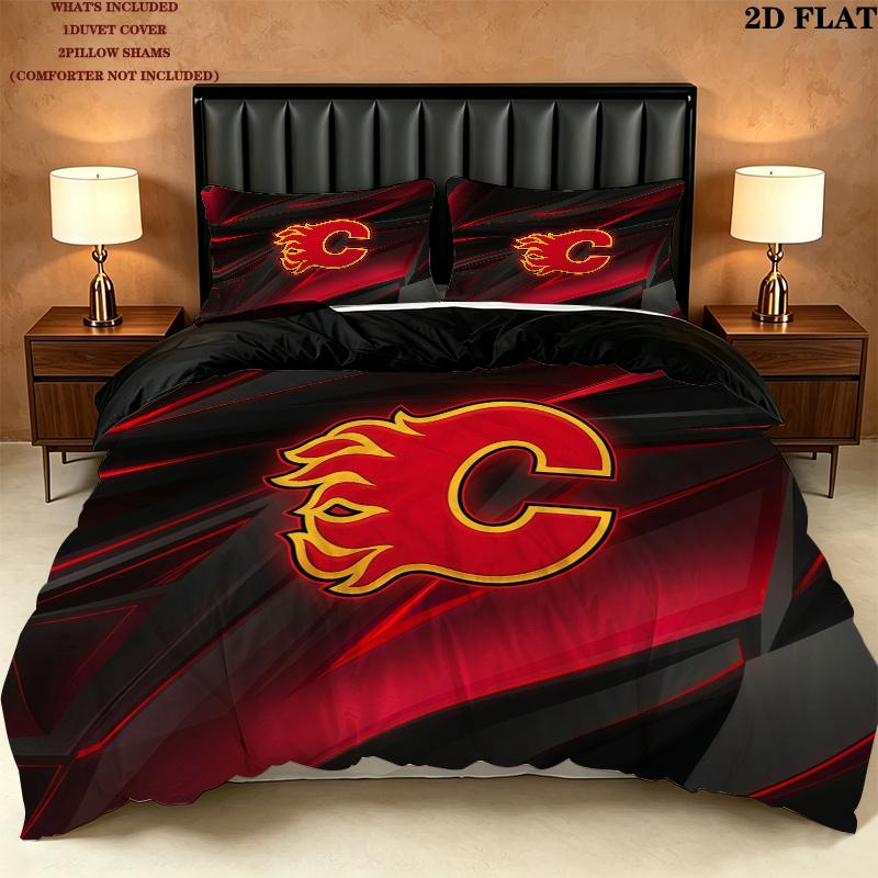 Calgary Flames Pattern Bedding Quilt Set Home Decoration Gift (1 * duvet cover + 2 * pillowcase without core)