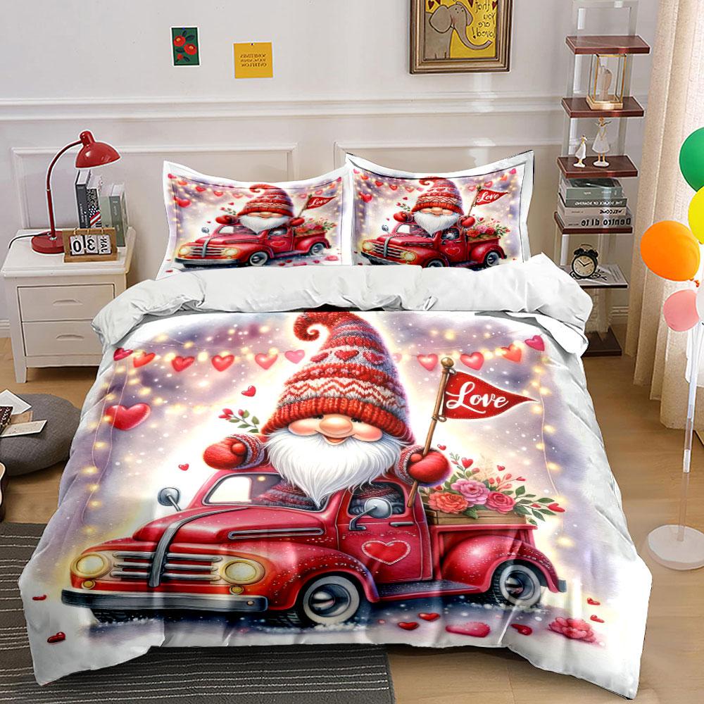 Valentine Gnome in Red Truck Bedding Duvet Cover Set (1*Duvet Cover 2*Pillowcases, without duvet insert)