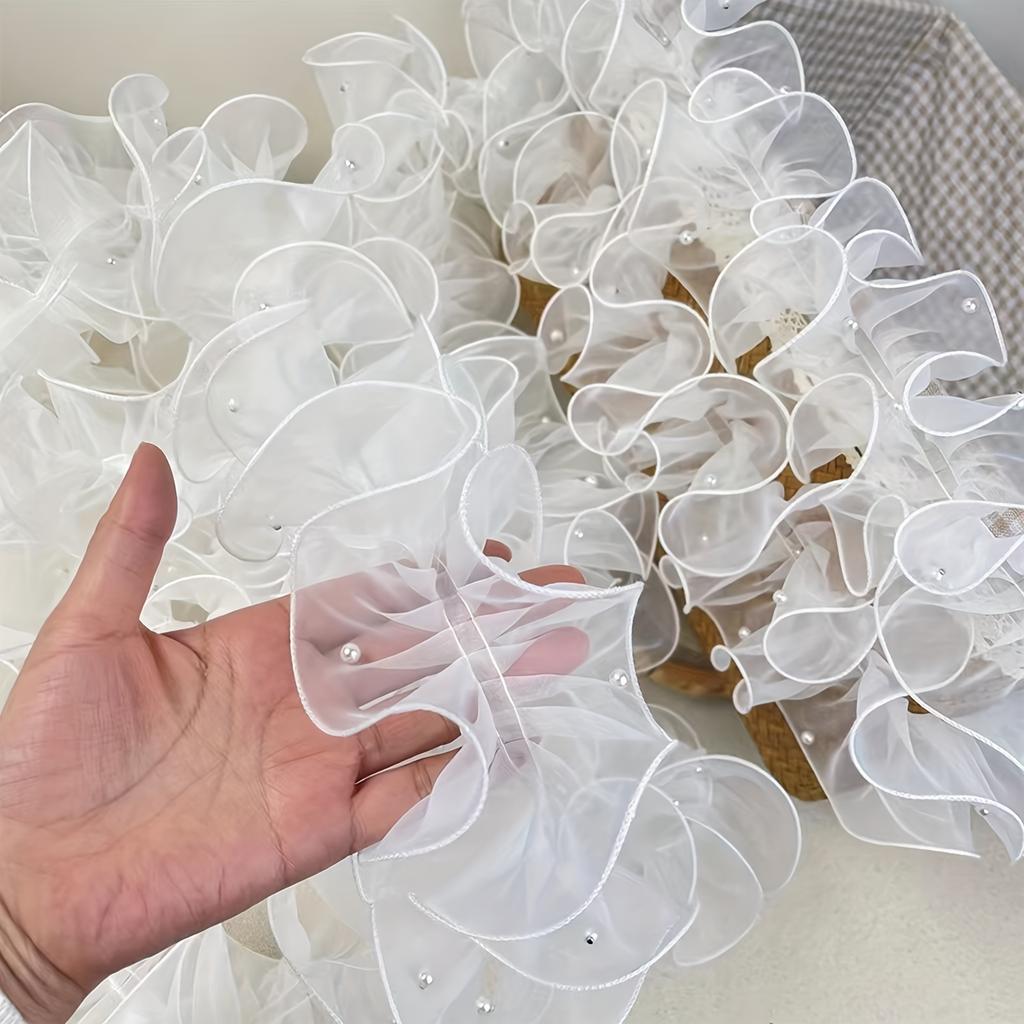 1 рулон 78,74 дюйма 4,72 дюйма Плотная плиссированная бисерная кружевная лента из снежной пряжи Цветочная упаковочная лента Лента для букета Блестящая жемчужная волнистая лента из тюля