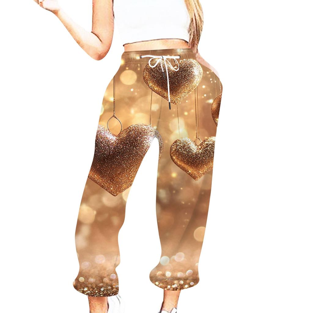 Женская повседневная мода День святого Валентина Повседневные брюки с принтом Спортивные брюки Брюки с эластичной резинкой на талии со шнурком Брюки со шнурком