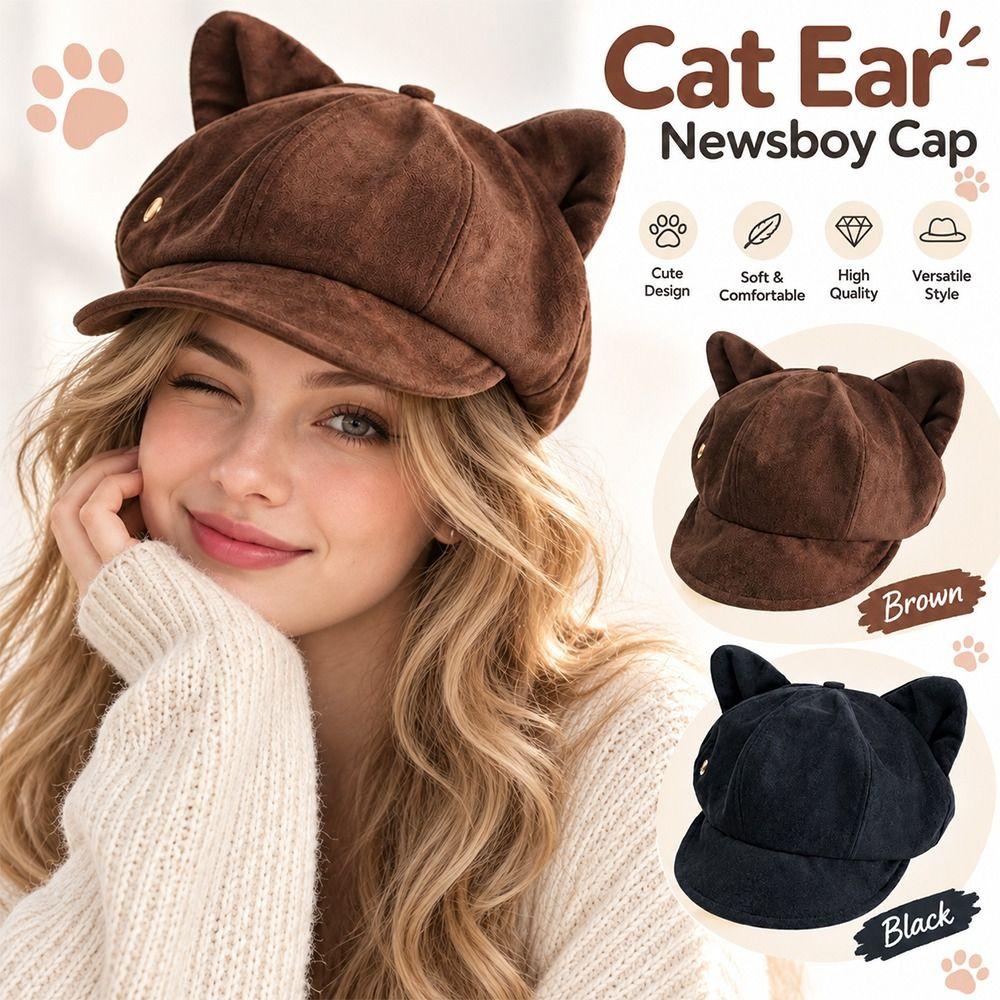Solid Color Cat Ears Hat Soft Fabric Octagonal Hat Vintage Peaked Cap Autumn Winter