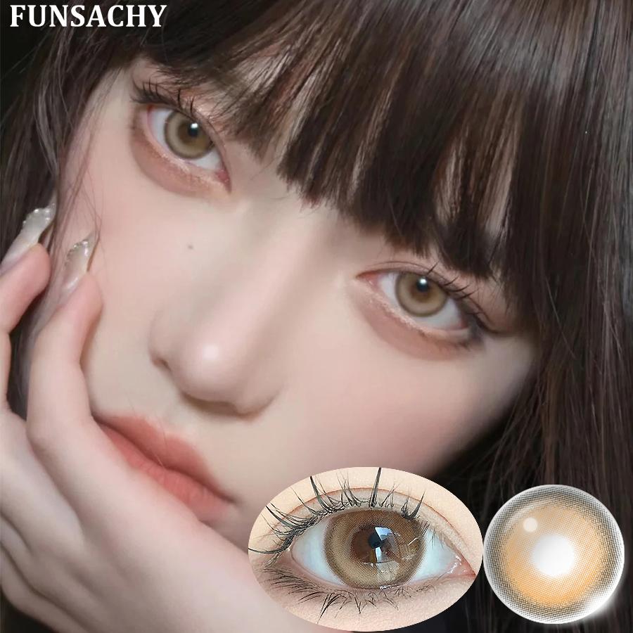 FUNSACHY2pcs Brown Colored Contacts Lenses with Myopia 0~-8.00 Degree Yearly Beauty Cosmetic Makeup Pupils 14.5mm Blue Eye Lens