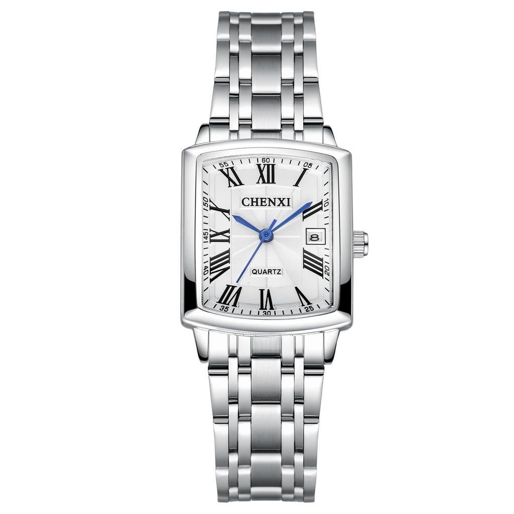 Stainless Steel Calendar Pair 3ATM Waterproof Roman Numerals Analog Display Square Simple Length Adjustable Quartz Couple Watch Silver Boyfriend