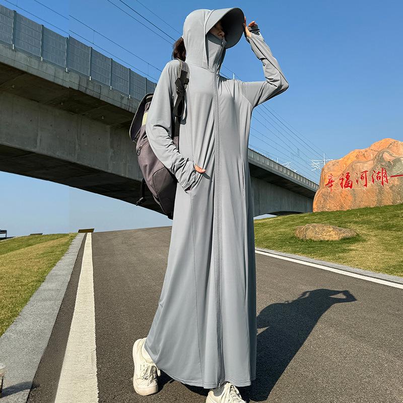 Summer 1011 New Sun Protection Shirt Women's Long Dress, Full Outdoor Breathable UV Protection Sun Protection Dress, Waist-Cinching