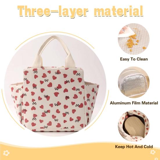 Corduroy Lunch Bag with Handle Waterproof Large Capacity Reusable Insulated Lunch Box Water Bottle Holder with Side Pockets