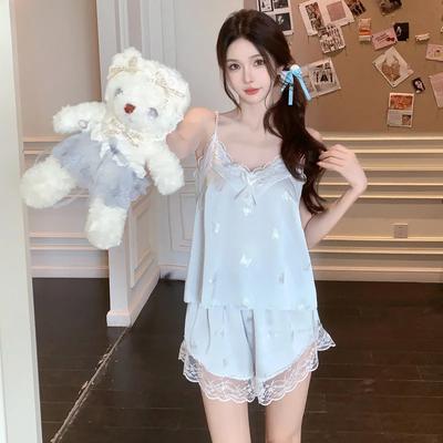 Летняя снежная шелковая сексуальная мягкая пижама для женщин Pure Desire Butterfly Suspender Shorts Домашняя одежда Тонкий срез