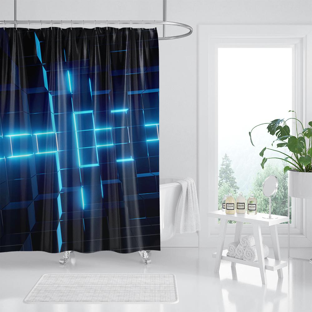 Blue Mosaic Pattern Shower Curtains Waterproof Polyester Bath Curtain Geometrical for Bathroom Home Decor Curtain with Hooks