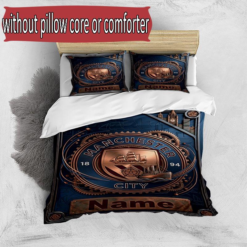 3pcs Duvet Cover Set (1*Duvet Cover + 2*Pillowcase, Without Core), Custom Name Manchester City Pattern Bedding Set, Home Bedroom Decor Gift